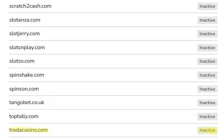 UK Gambling Commission public register row showing tradacasino.com as Inactive