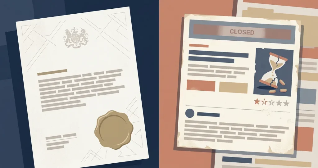 Editorial illustration comparing regulator evidence with an outdated online casino review