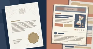 Editorial illustration comparing regulator evidence with an outdated online casino review