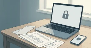 Editorial illustration of a former online casino user checking account records and verified contact details
