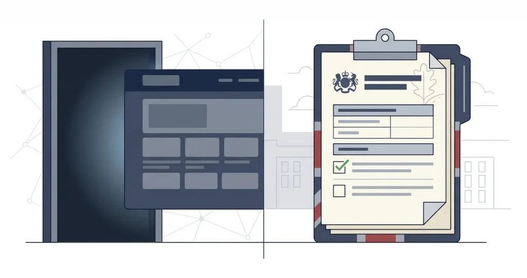 Editorial illustration representing a closed online casino service and a UK status check