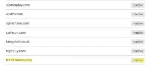 UK Gambling Commission domain names table showing tradacasino.com as Inactive