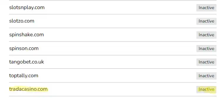 UK Gambling Commission domain names table showing tradacasino.com as Inactive