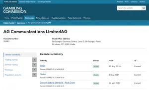 UK Gambling Commission licence summary for AG Communications Limited